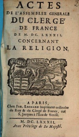 Actes de l'assemblée générale du Clerge de France, de 1682, concernant la réligion