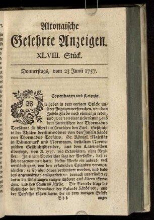 XLVIII. Stück. Donnerstags, vom 23 Junii 1757