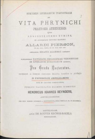 Specimen Literarium Inaugurale De Vita Phrynichi praetoris Atheniensis