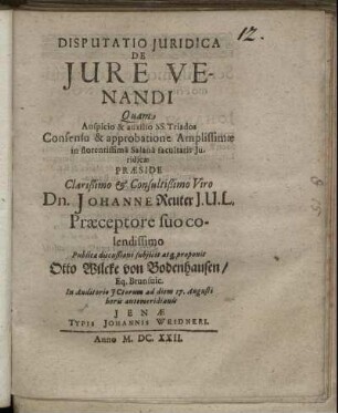 Disputatio Iurdica De Iure Venandi