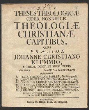 Theses Theologicæ Super Nonnullis Theologiæ Christianæ Capitibus