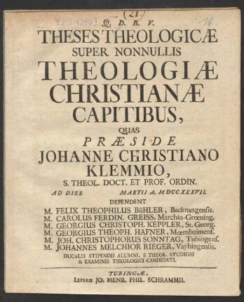 Theses Theologicæ Super Nonnullis Theologiæ Christianæ Capitibus