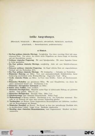 Antike Ausgrabungen (Römisch, fränkisch. –Mesapisch, etruskisch, faliskisch, apulisch, griechisch. – Amerikanisch, prähistorisch) (Nr. 1-209)