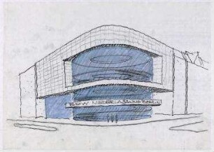 Wettbewerb Wohn- und Geschäftshaus, BMW-Haus, 1. und 2. Stufe (nicht realisiert) – Perspektivansicht. Berlin-Charlottenburg, Kurfürstendamm 31, Uhlandstraße 177/178