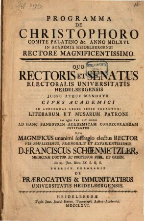 Programma de Christophoro, Comite Palatino ... a. 1566 in Academia Heidelbergensi Rectore magnificentissimo