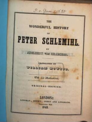 The wonderful history of Peter Schlemihl : Translated by William Howitt