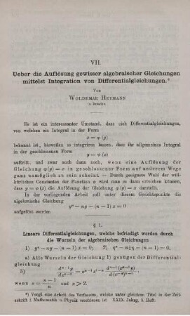 VII. Ueber die Auflösung gewisser algebraischer Gleichungen mittelst Integration von Differentialgleichungen.