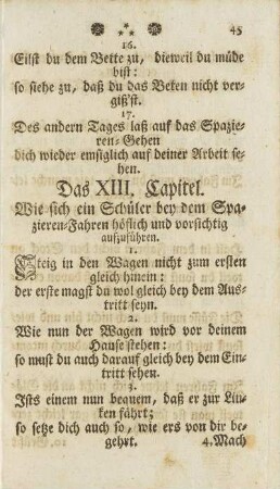 Das XIII. Capitel. Wie sich ein Schüler bey dem Spazieren-Fahren höflich und vorsichtig aufzuführen