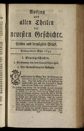 Sieben und dreysigstes Stück. Coburg, den 10. Sept. 1749.