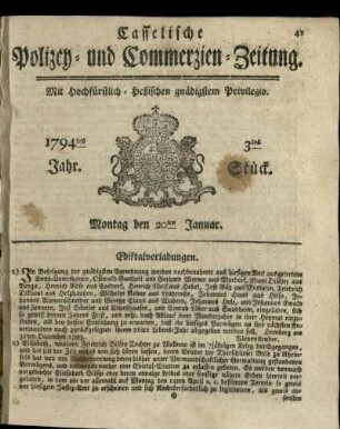 3tes Stueck, Montag den 20ten Januar 1794