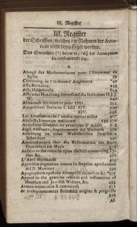 III. Register der Schrifften, welchen die Nahmen der Autorum nicht beygefüget worden.