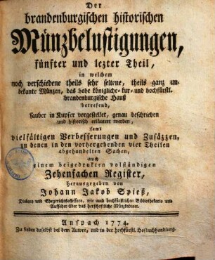 Der brandenburgischen historischen Münzbelustigungen ... Theil, 5