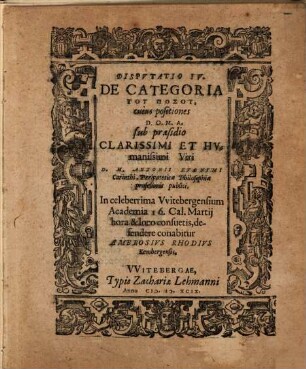 Disputatio ... De Categoria, 4. 16. Cal. Martii