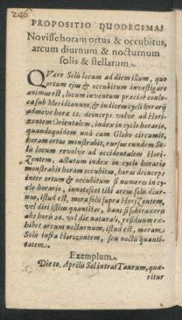 Propositio Duodecima. Novisse horam ortus & occubitus, arcum diurnum & nocturnum solis & stellarum.