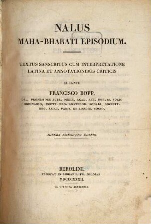 Nalus, Maha-Bharati Episodium : Textus Sanscritus cum interpretatione latina et annotationibus criticis