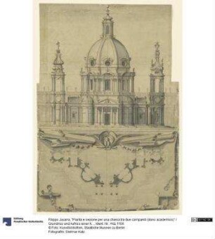 "Pianta e sezione per una chiesa tra due campanili (dono academico)" / Grundriss und Aufriss einer Kirche zwischen zwei Glockentürmen