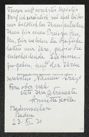 Brief von Annette Kolb an Gerhart Hauptmann
