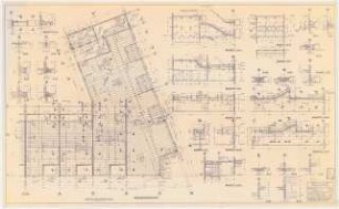 Geschäftshaus Knesebeckstraße/Kurfürstendamm, Berlin-Charlottenburg: Schalplan Decke über 6.OG (Bauteil D): Grundriss 1:25, Schnitte 1:50