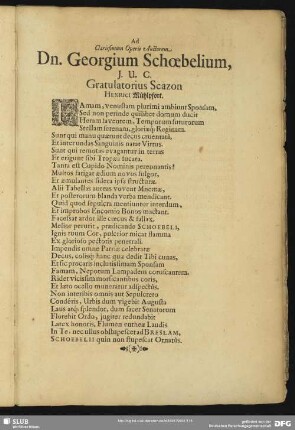 Ad Clarissimum Operis Auctorem Dn. Georgium Schoebelium, J. U. C. Gratulatorius Scazon Henrici Mühlpfort