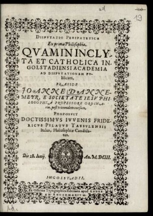 Dispvtatio Peripatetica Ex prima Philosophia