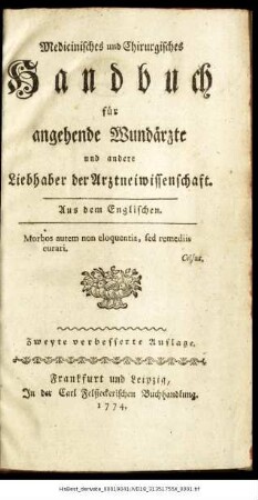 Medicinisches und Chirurgisches Handbuch für angehende Wundärzte und andere Liebhaber der Arztneiwissenschaft ; Aus dem Englischen