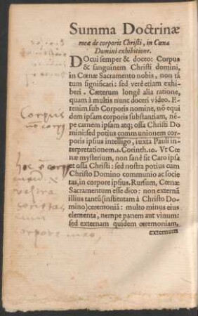 Summa Doctrinae meae de corporis Christi, in Coena Domini exhibitione.