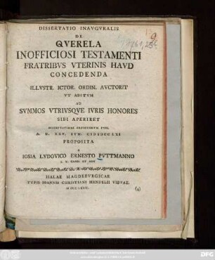 Dissertatio Inavgvralis De Qverela Inofficiosi Testamenti Fratribvs Vterinis Havd Concedenda