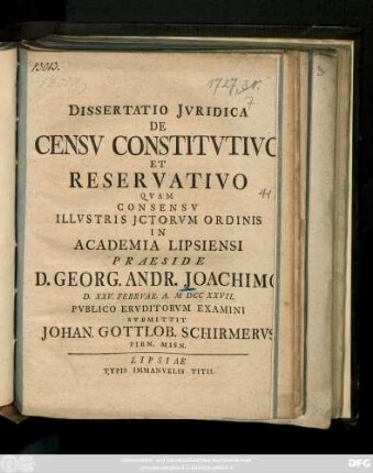 Dissertatio Jvridica De Censv Constitvtivo Et Reservativo