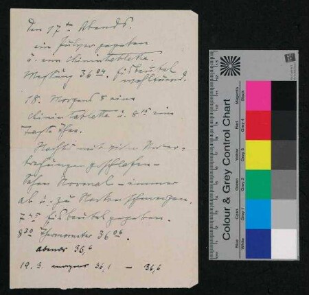 Handschriftliche Notizen zur [Tabletteneinnahme] und Körpertemperaturen, o.D.