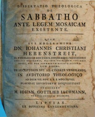 Diss. theol. de Sabbatho ante legem Mosaicam existente