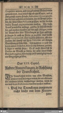 Das XIX. Capitel. Andere Anmerckungen, in Ansehung der Trunckenheit