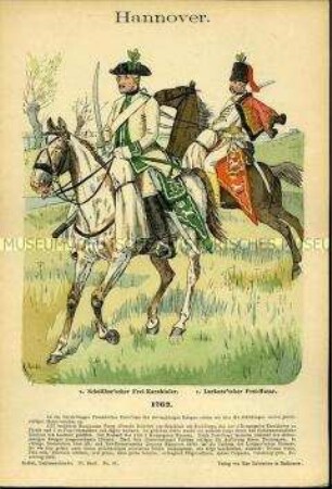 Uniformdarstellung, Jäger zu Pferde, Jäger zu Fuß und Grenadier des Freikorps "von Freytag", Kurfürstentum Braunschweig-Lüneburg, 1760.