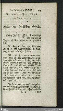 Neunte Predigt. über Röm. 12, 12. Natur der christlichen Geduld