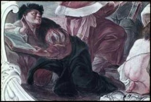 Die Personifikation des Reichtums überreicht zwei Gelehrten ein Buch: "Doctrinam magis quam aurum eligite" (Sprüche 8:10)