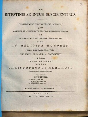 De intestinis se intus suscipientibus : Diss. inaug. med. ; cum tab. lith.