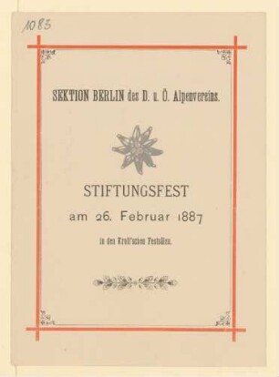 Menükarte : Stiftungsfest Sektion Berlin des D. u. Ö. Alpenvereins, Kroll'sche Festsäle