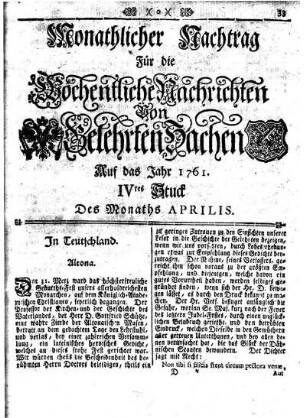 Monathlicher Nachtrag [...] IVtes Stuck Des Monaths Aprilis