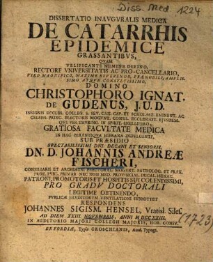 Dissertatio Inavgvralis [Inauguralis] Medica De Catarrhis Epidemice Grassantibvs [Grassantibus]