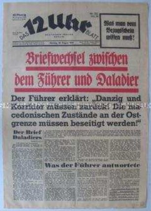 Titelblatt der Berliner Tageszeitung "Das 12 Uhr Blatt" zum Briefwechsel zwischen Hitler und Daladier über die Zukunft von Danzig