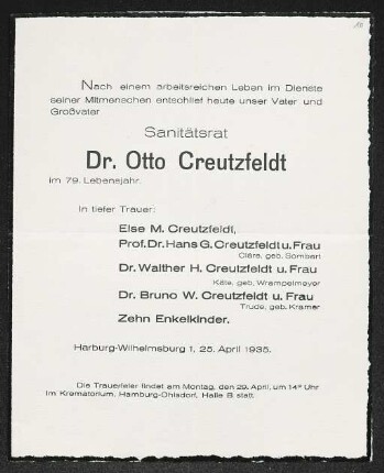 Brief von Hans Gerhard Creutzfeldt, Cläre Creutzfeldt, Else M. Creutzfeldt, Walther Hildebrand Creutzfeldt, Käte Creutzfeldt, Bruno W. Creutzfeldt und Trude Creutzfeldt an Gerhart Hauptmann