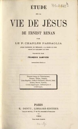 Étude sur la vie de Jésus de Ernest Renan : Traduite par François Sampieri