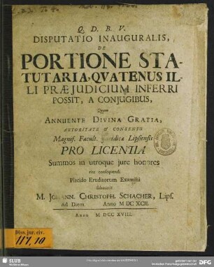 Disputatio Inauguralis, De Portione Statutaria, Quatenus Illi Praeiudicium Inferri Possit, A Coniugibus