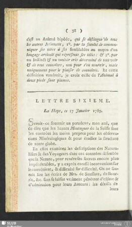 Lettre Sixieme. La Haye, ce 17 Janvier 1789