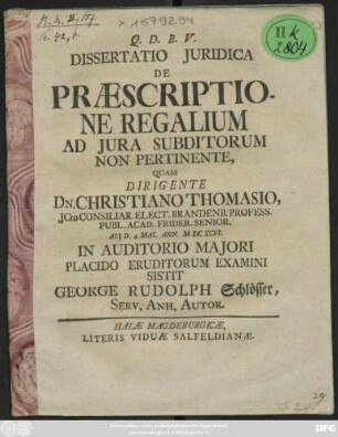 Dissertatio Iuridica De Praescriptione Regalium Ad Iura Subditorum Non Pertinente