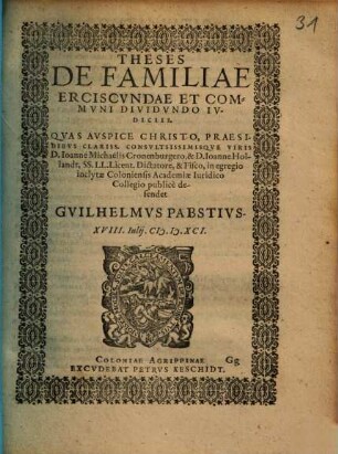 Theses de familiae erciscundae et communi dividundo iudiciis