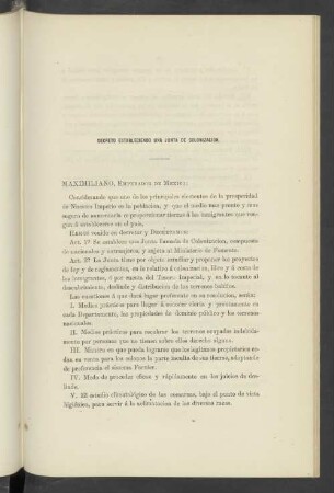Decreto Estableciendo Una Junta De Colonizacion