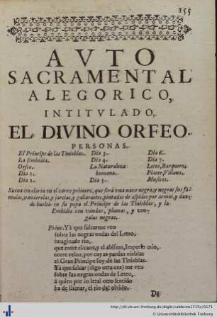 Auto Sacramental Alegorico del Divino Orfeo.