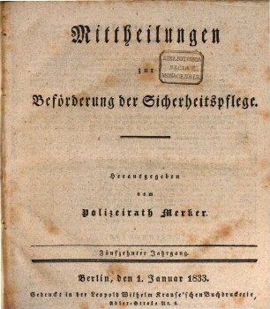 Mittheilungen zur Beförderung der Sicherheitspflege, 15. 1833