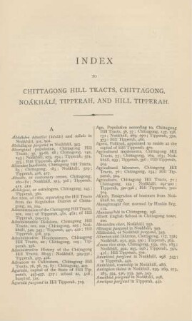 Index to Chittagong Hill Tracts, Chittagong, Noákhálí, Tipperah, and Hill Tipperah