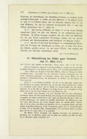 98. Achtserklärung der Mächte gegen Napoleon vom 13. März 1815
